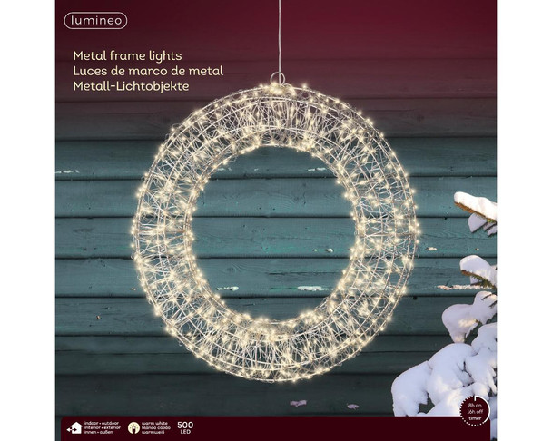 Micro LED Warm White Metal Wreath Frame Light Set 15" D, 500lts with Silver Wire 