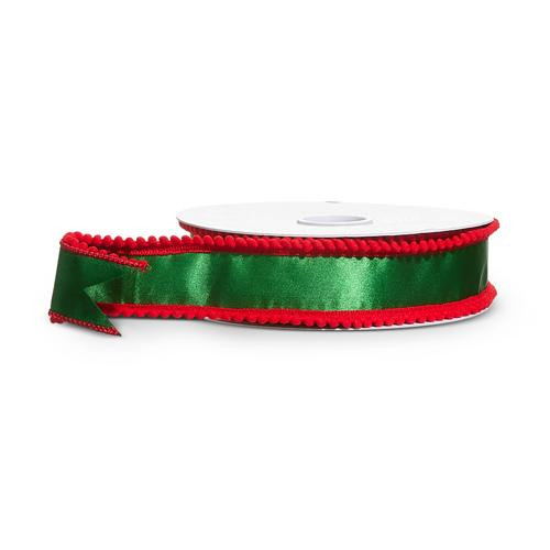 Green Satin Red Pom Pom Edge Ribbon 1.5" x 10yds 