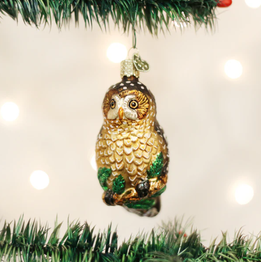Old World Spotted Owl Glass Christmas Ornament