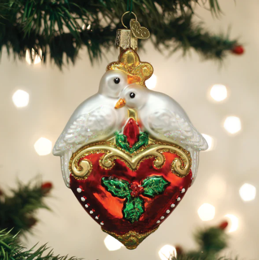 Old World Two Turtle Doves Glass Christmas Ornament