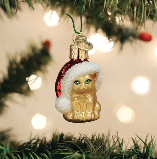 Old World Mini Santa's Kitten Glass Christmas Ornament