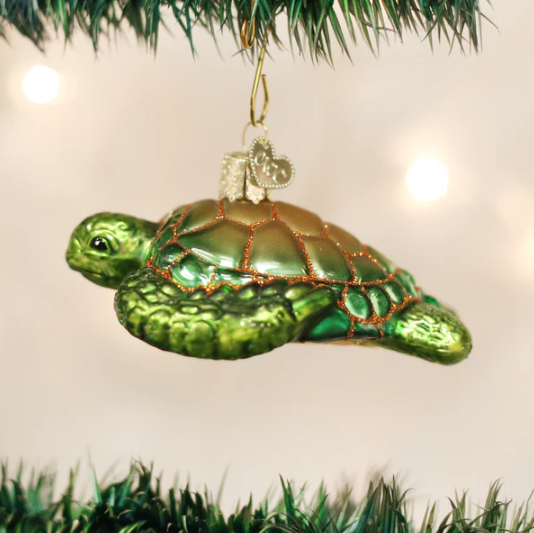Old World Green Sea Turtle Glass Christmas Ornament