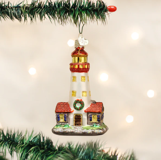 Old World Lighthouse Glass Christmas Ornament