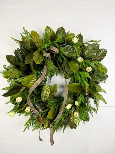 30" Green Magnolia Leaf & Norfolk Wreath w/Natural Touch Cream Tulips & Bow