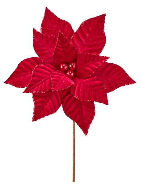Red Velvet Poinsettia Trimmed w/Glitter 21"