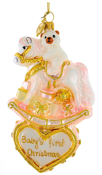 Huras Family Rocking Horse on Heart European Blown Ornament ( No Date ) Pink