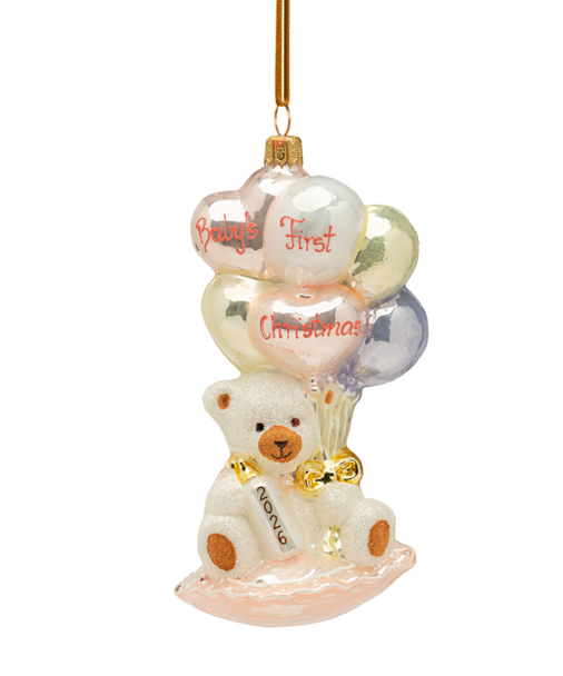 Huras Family Teddy Bear with Balloons ( No Date ) Pink European Blown Ornament