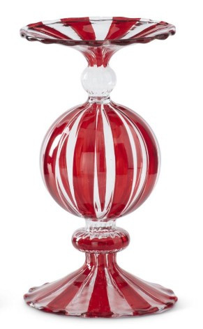 7" Hand Painted Red Striped Glass Peppermint Candy Candle Holder