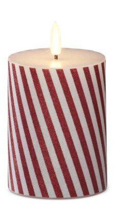 5" Thin Red & White Glittered Striped LED Pillar Candle w/Timer