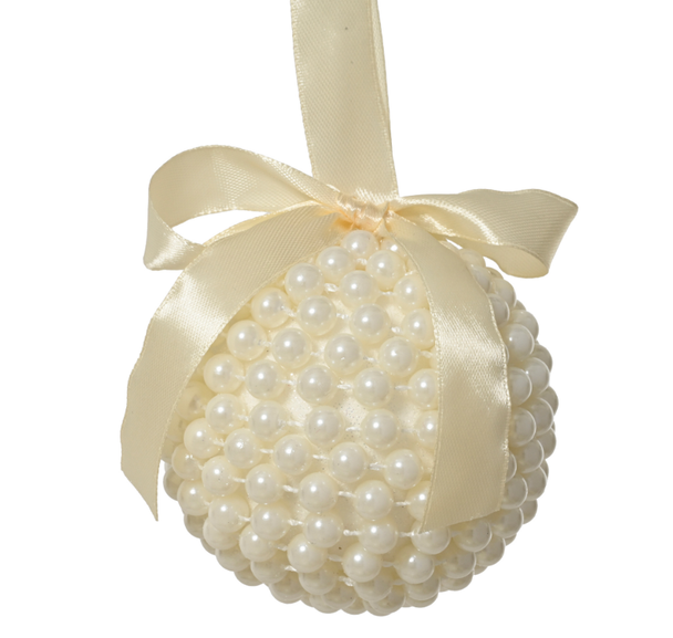 Ivory Bauble w/Pearl Beads & Decorative Bow Orn. 3"