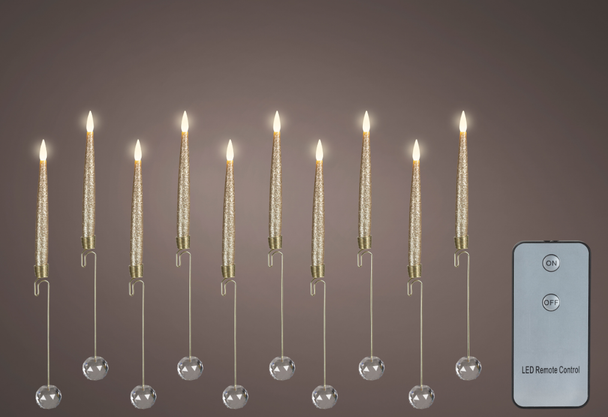 Crystal Drop LED Gold Glitter Candle w/Fire Flame Effect & Remote Set of 10