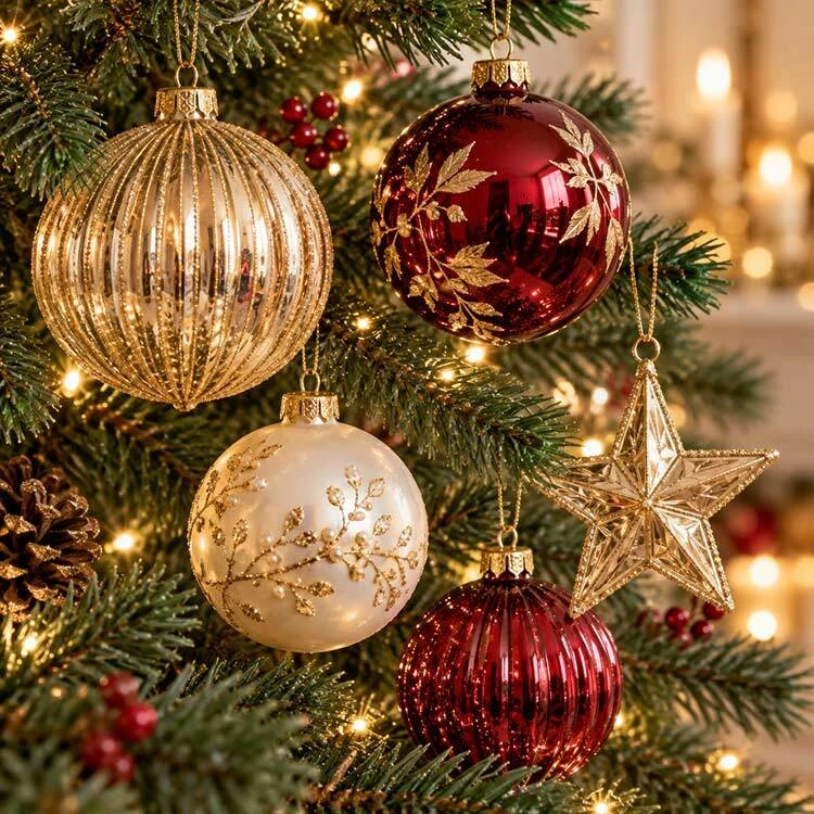 Red, champagne, and pearl ornaments with a gold star