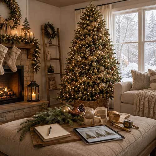 Artificial Christmas tree buying guide scene with measuring and decorating details