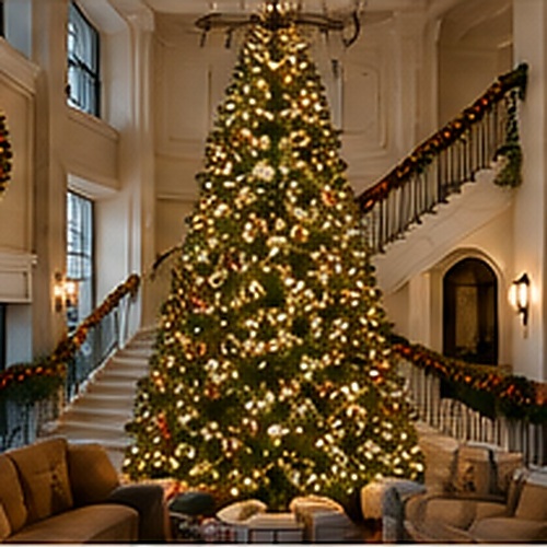 Elegant commercial Christmas tree decorated with oversized gold and silver ornaments