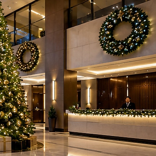 Oversized illuminated commercial Christmas wreaths and garland in a luxury lobby