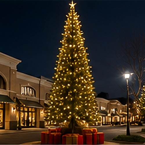 Large single-pole commercial Christmas tree in an outdoor shopping district
