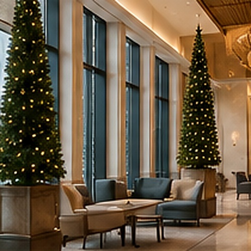 Slim commercial artificial Christmas trees in a high-end hotel lounge