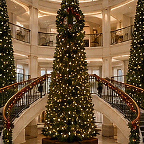 Tall commercial artificial Christmas trees in an elegant multi-level lobby