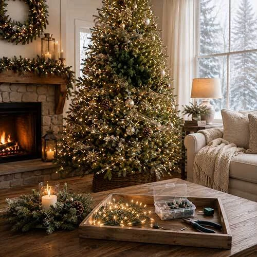 Christmas light troubleshooting supplies beside a beautifully lit artificial tree