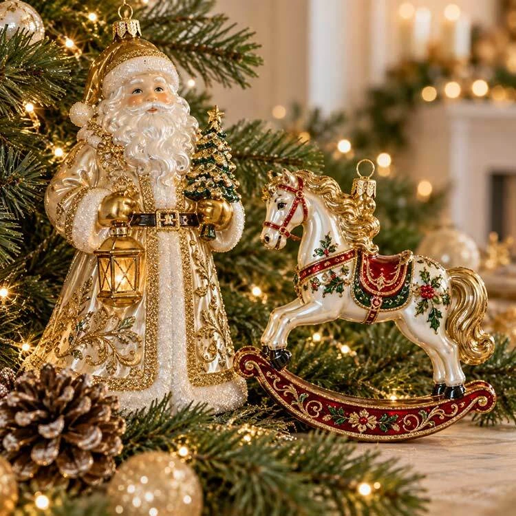 Ivory and gold Santa with a festive rocking horse ornament