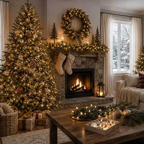 Pre-lit artificial Christmas tree glowing with warm lights beside a fireplace