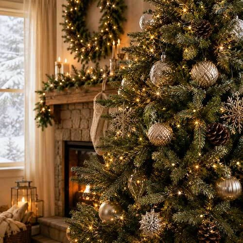 Close view of realistic artificial Christmas tree foliage, needles, ornaments, and warm lights