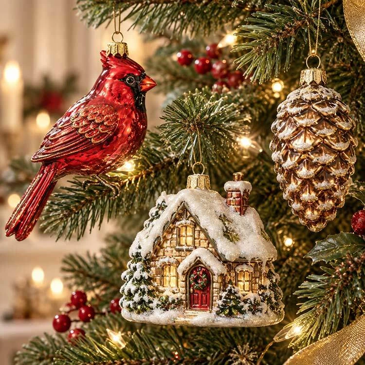 Red cardinal, snowy cottage, and pinecone Christmas ornaments
