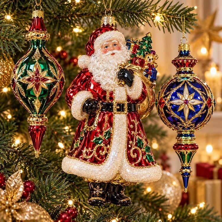Colorful Santa and jewel-tone ornaments among Christmas greenery