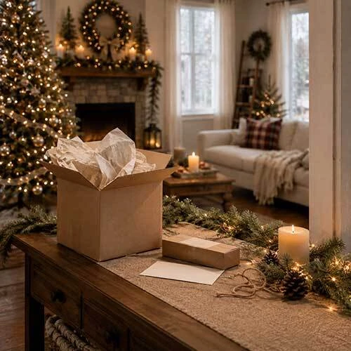 Carefully packed return box in a warm Christmas living room
