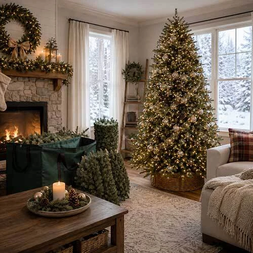 Artificial Christmas tree setup and storage bag in a cozy holiday living room