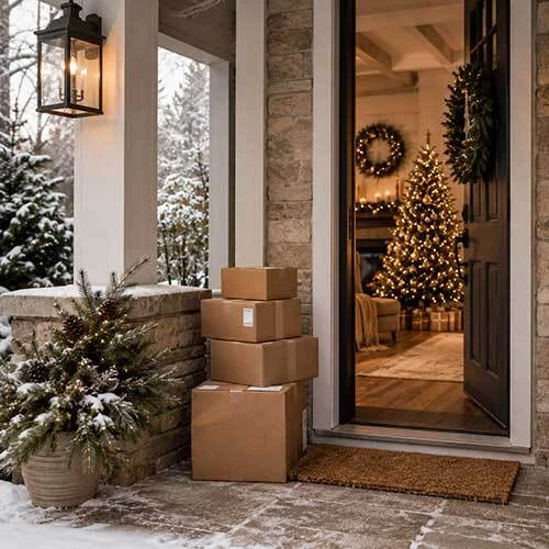 Holiday shipping boxes at a snowy home entrance with a lit Christmas tree inside