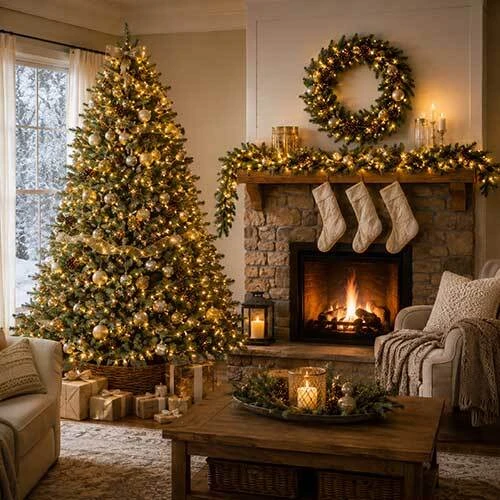 Artificial Christmas tree shown in a modern living room for tree size and fit guidance