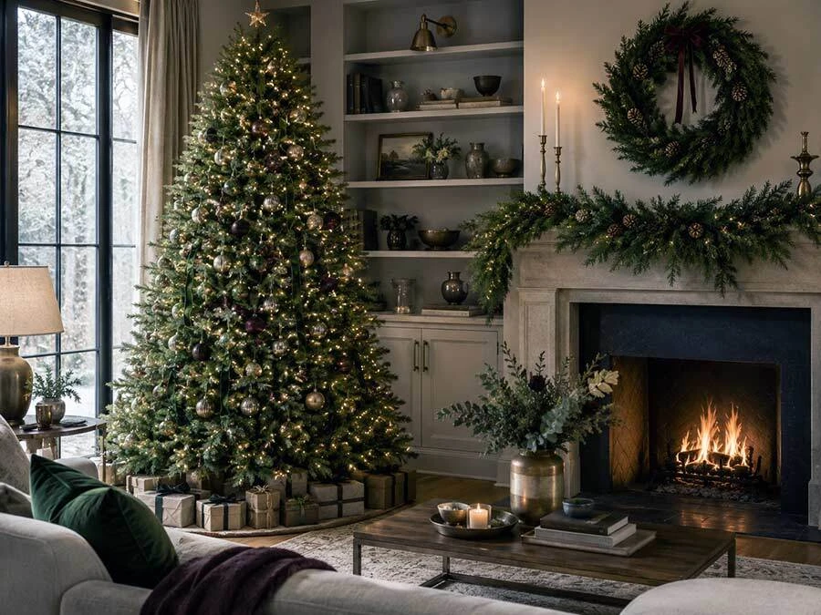 Luxury Christmas room with coordinated artificial tree, wreath, garland and burgundy accents