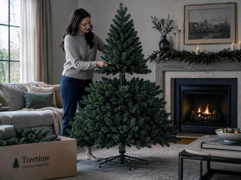 Assembling and shaping a dense hinged artificial Christmas tree with attached branch sections