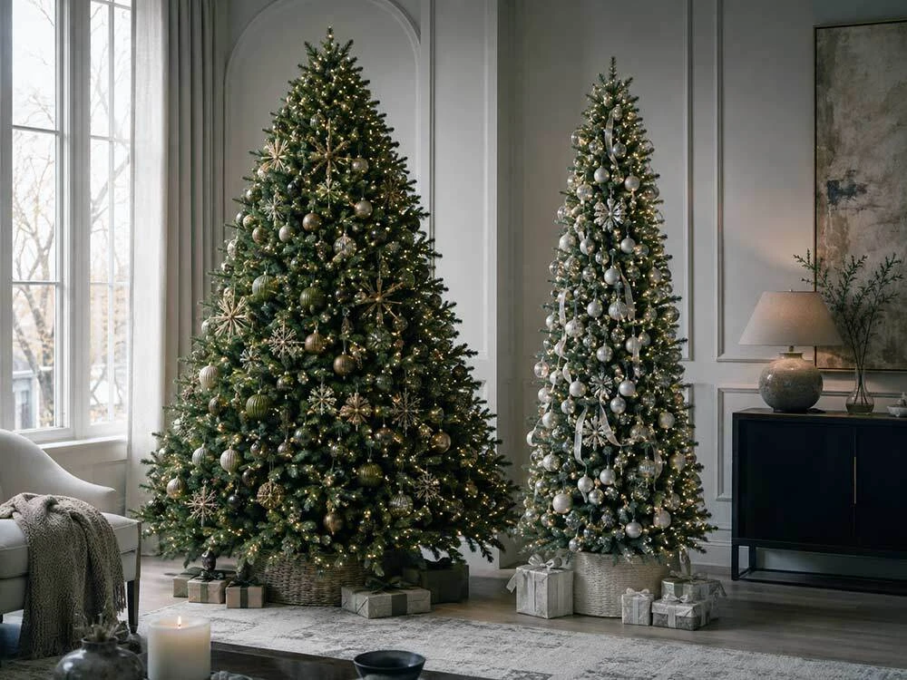 Full and wide artificial Christmas tree compared beside a slim artificial Christmas tree