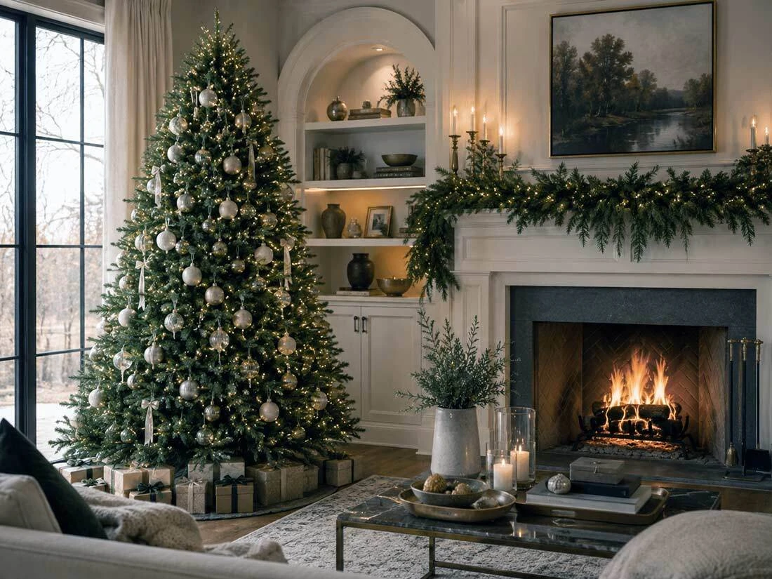 Premium decorated artificial Christmas tree in a refined neutral living room with fireplace and garland