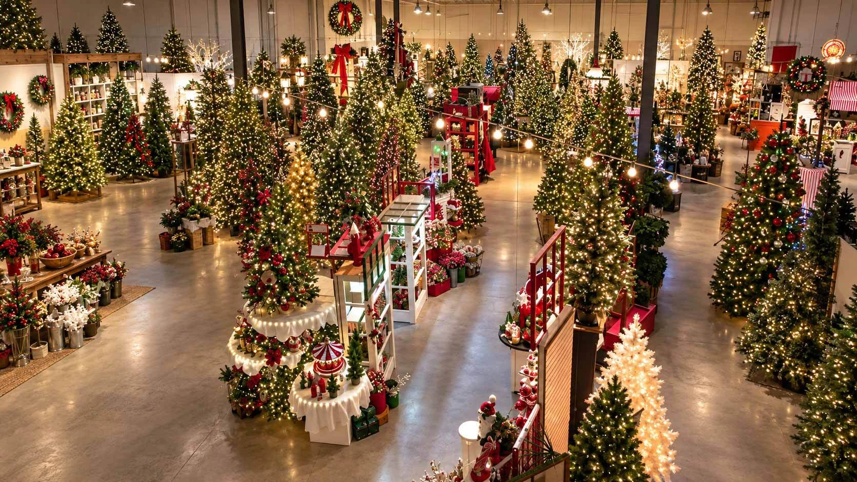 Treetime Christmas Creations showroom with artificial Christmas trees and holiday décor