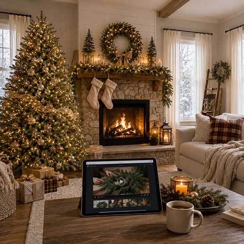 Holiday how-to video displayed on a tablet in a decorated Christmas living room