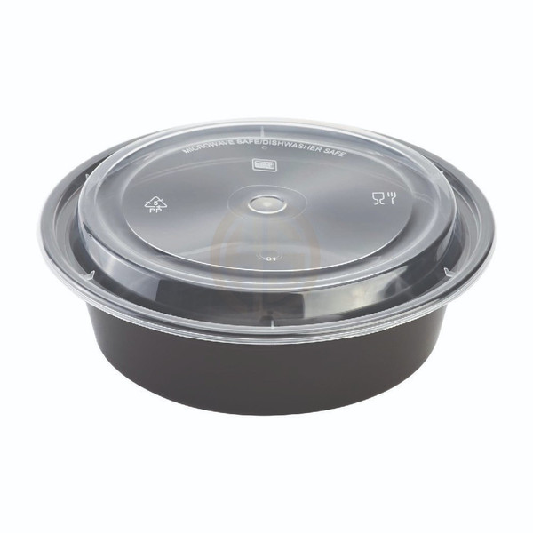 32oz Microwave Container Round Black Base with Lid