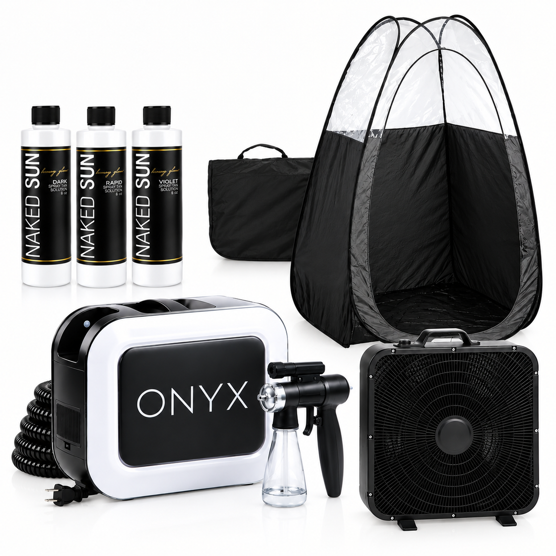 Naked Sun Onyx Spray Tanning Machine with Professional Tanning Gun with Light Kit and Honey Glow Tanning Solution Trio, X-Fan and Black Tent Kit