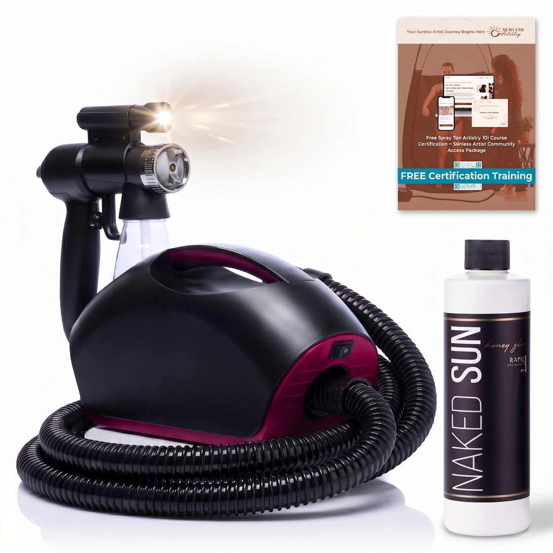 Black Fascination FX Spray Tan Machine with Honey Glow Rapid Develop Violet Tanning Solution - 8 oz and Spray Gun Light Kit