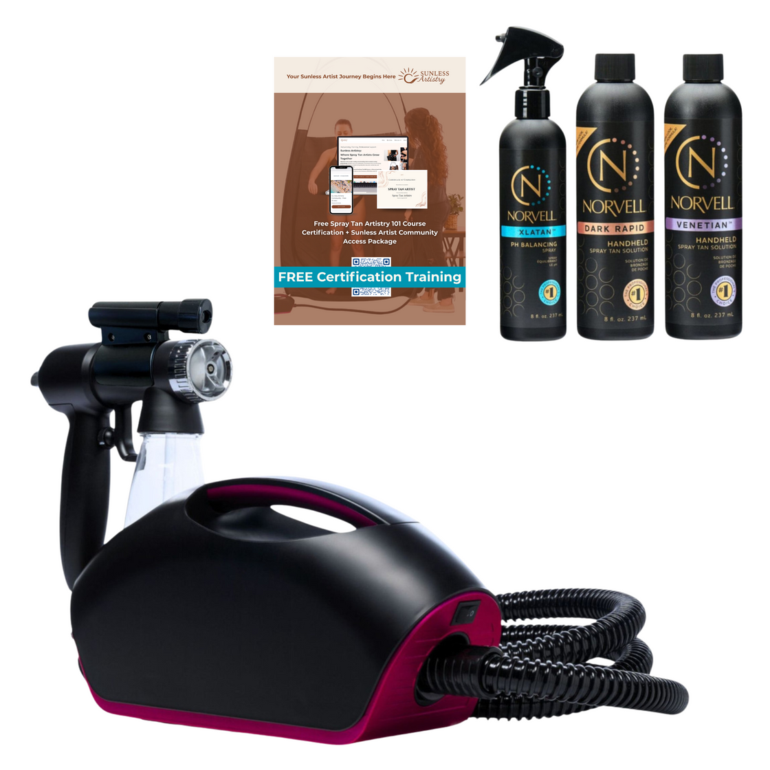 Fascination Spray Tanning Kit Machine Bundle with Tanning Solution and Prep Spray and Naked Sun Spray Gun Light Kit