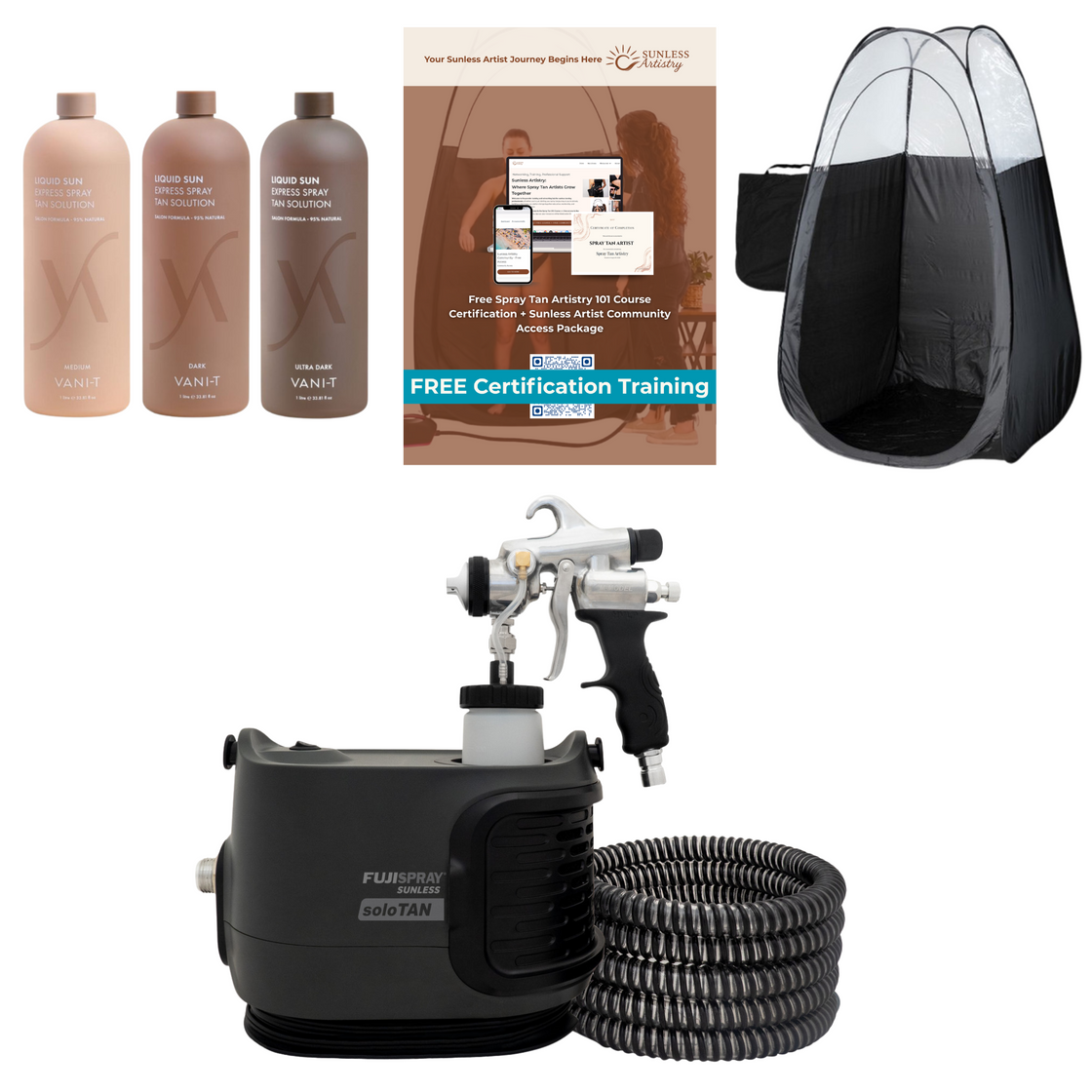 Fuji Spray 2175 soloTAN Spray Tan Machine with TAN7350 Spray Tanning Applicator, Black Spray Tanning Tent and Vani-T Liter Sample Trio