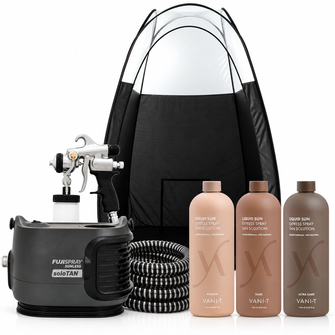 Fuji Spray 2175 soloTAN Spray Tan Machine with TAN7350 Spray Tanning Applicator, Black Spray Tanning Tent and Vani-T Liter Sample Trio