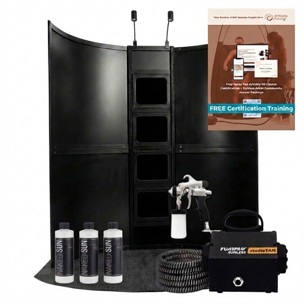 Wave Contour Spray Tan Booth Bundle w/ Fuji 2100 SoloTan System & TAN7350 Applicator + Naked Sun Honey Glow Trio – Professional HVLP Spray Tanning Kit w/ Overspray Extraction