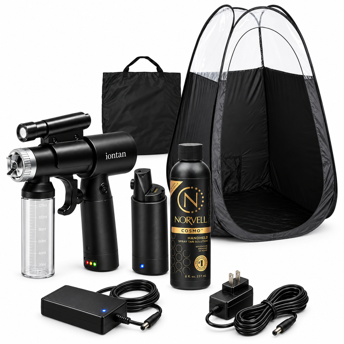 Naked Sun IonTan DualPower Spray Tan Kit with Tanning Tent &  Norvell Tanning Solution– Cordless/AC Handheld Machine, Cosmo Solution – Professional At-Home or Mobile Spray Tanning System