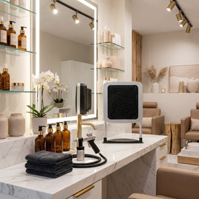 Wave Mini Extraction Fan Portable Spray Tan Overspray Extraction Fan with Washable Filter, Adjustable Height Base, 2 Speeds, Compact Air Purifier for Salon Mobile Home Use