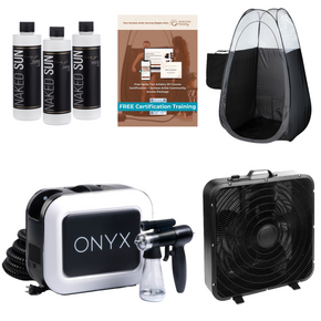 Naked Sun Onyx Spray Tanning Machine with Professional Tanning Gun with Light Kit and Honey Glow Tanning Solution Trio, X-Fan and Black Tent Kit