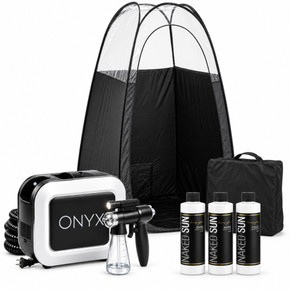 Naked Sun Onyx Spray Tanning Machine with Professional Tanning Gun with Light Kit and Honey Glow Tanning Solution and Black Tent Bundle (5 Items)