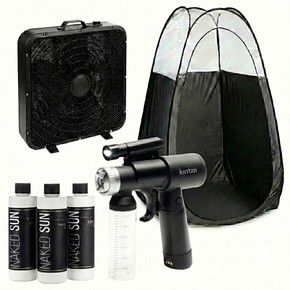 Naked Sun IonTan DualPower Spray Tan Kit with Extraction Fan, Tent & Naked Sun Solution Trio – Cordless/AC Handheld Machine, Dark, Violet & Rapid Solutions – Complete Professional Spray Tanning System